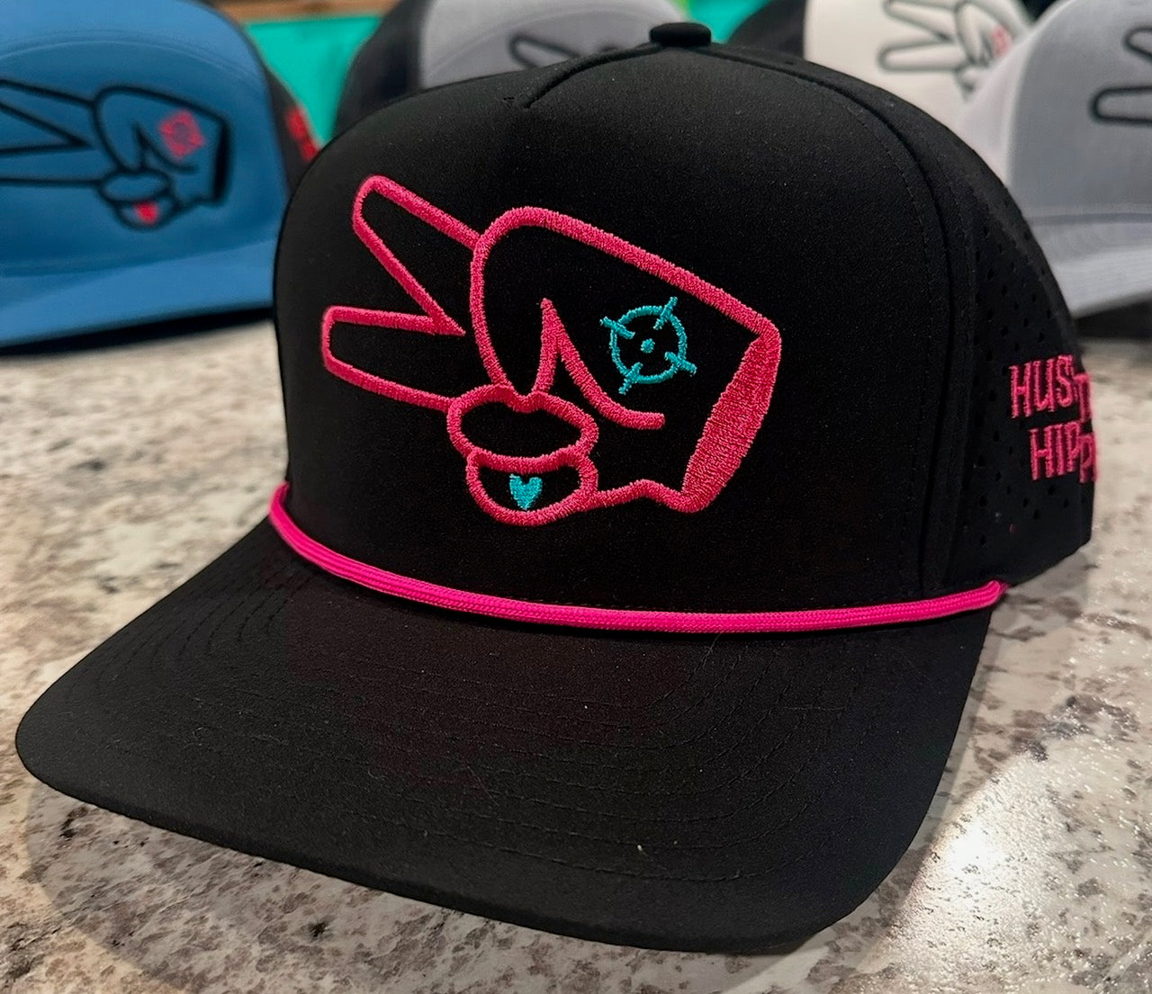 PL Series Hydro Cap-BLACK- HOT PINK LOGO w/ BOLD style + Rope