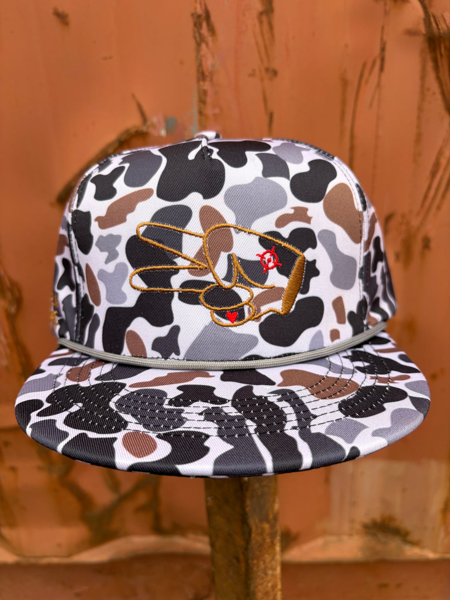 PL Series 5 Panel Snapback Hat w/Rope- CAMO- BROWN LOGO w/ Bold Style