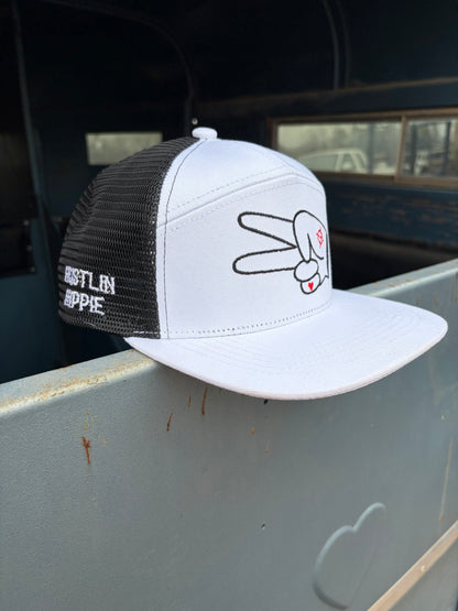 PL Series 7 Panel Mesh Snapback- WHITE/BLACK- BLACK LOGO w/ BOLD style