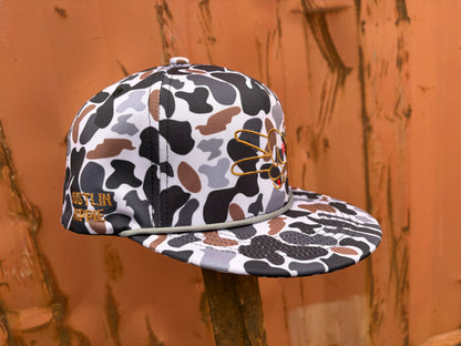 PL Series 5 Panel Snapback Hat w/Rope- CAMO- BROWN LOGO w/ Bold Style