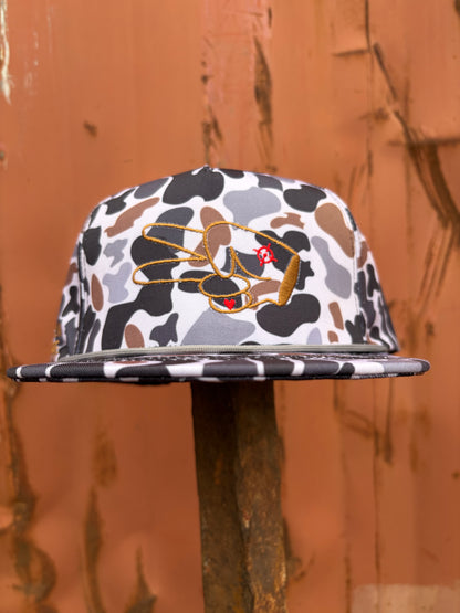 PL Series 5 Panel Snapback Hat w/Rope- CAMO- BROWN LOGO w/ Bold Style