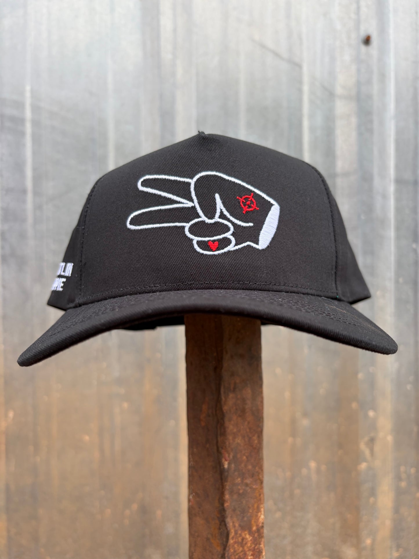 PL Series 5 Panel Curved Bill Snapback Hat- SOLID BLACK- WHITE LOGO w/ Bold Style