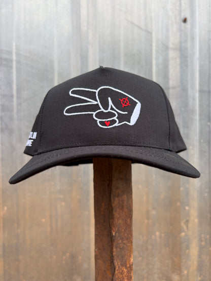 PL Series 5 Panel Curved Bill Snapback Hat- SOLID BLACK- WHITE LOGO w/ Bold Style