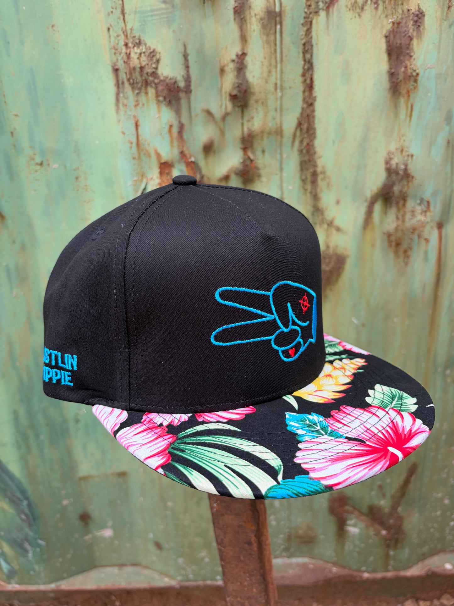 PL Series 5 Panel Snapback Hat- BLACK/FLOWER- BLUE LOGO w/ BOLD style