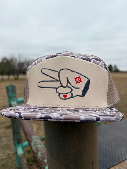 PL Series 7 Panel Mesh Snapback- TAN/CAMO- GREY LOGO w/ BOLD style
