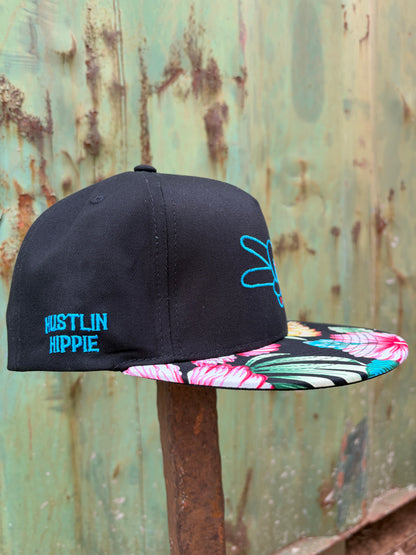 PL Series 5 Panel Snapback Hat- BLACK/FLOWER- BLUE LOGO w/ BOLD style