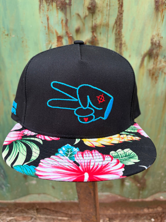 PL Series 5 Panel Snapback Hat- BLACK/FLOWER- BLUE LOGO w/ BOLD style