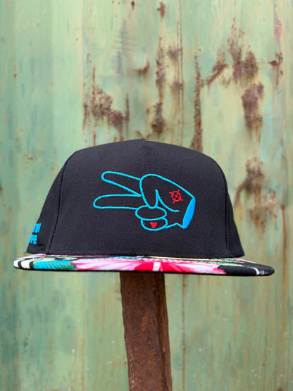 PL Series 5 Panel Snapback Hat- BLACK/FLOWER- BLUE LOGO w/ BOLD style