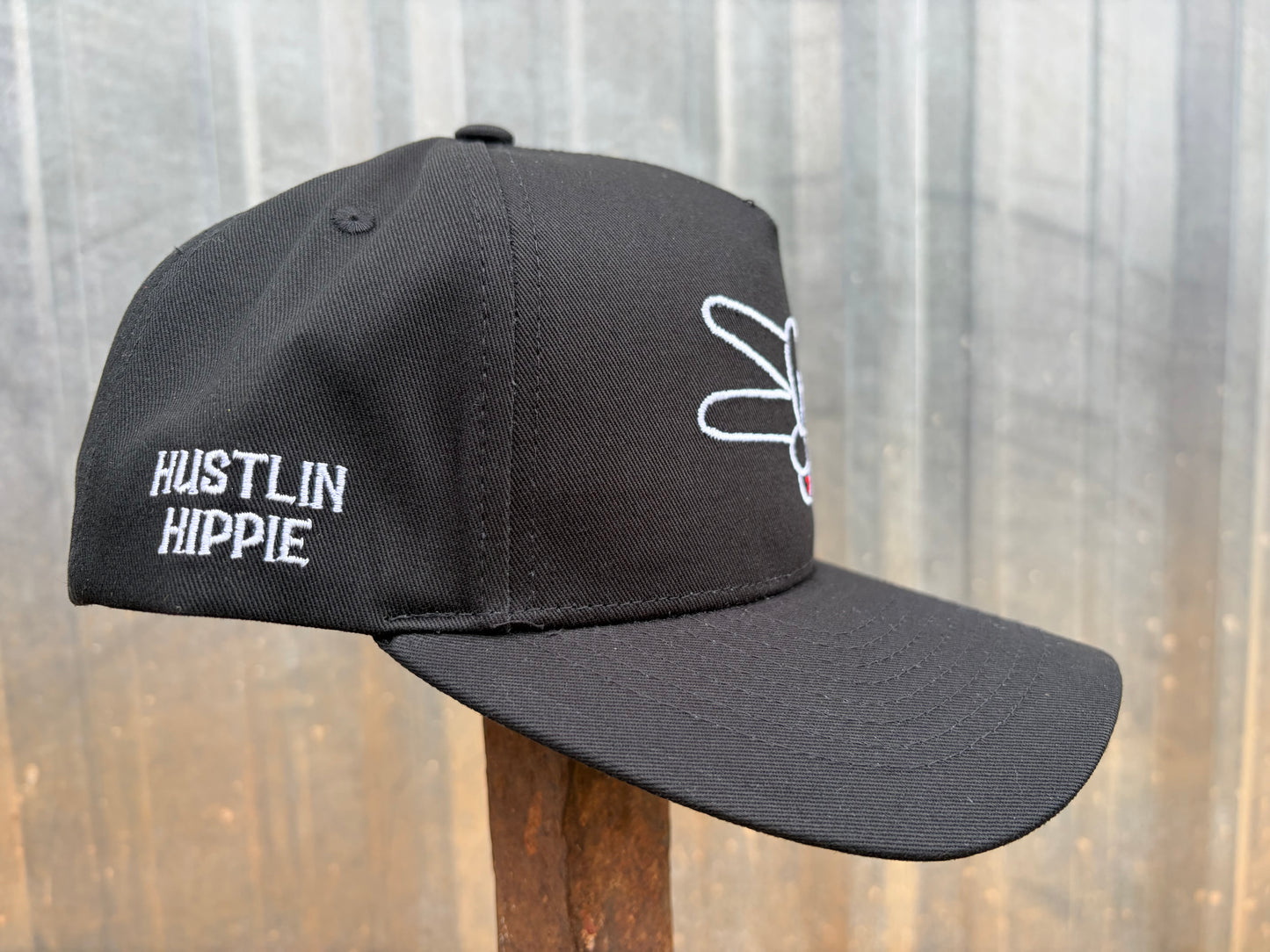 PL Series 5 Panel Curved Bill Snapback Hat- SOLID BLACK- WHITE LOGO w/ Bold Style