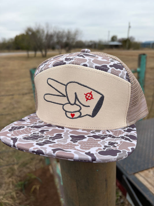 PL Series 7 Panel Mesh Snapback- TAN/CAMO- GREY LOGO w/ BOLD style