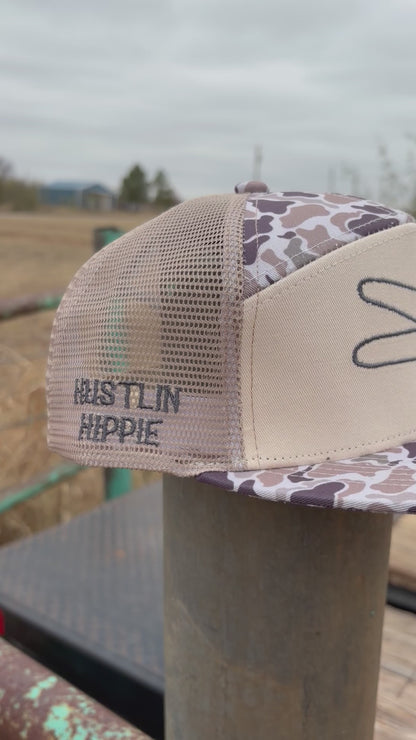 PL Series 7 Panel Mesh Snapback- TAN/CAMO- GREY LOGO w/ BOLD style